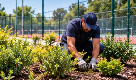 Jardinero plantando junto a las canchas